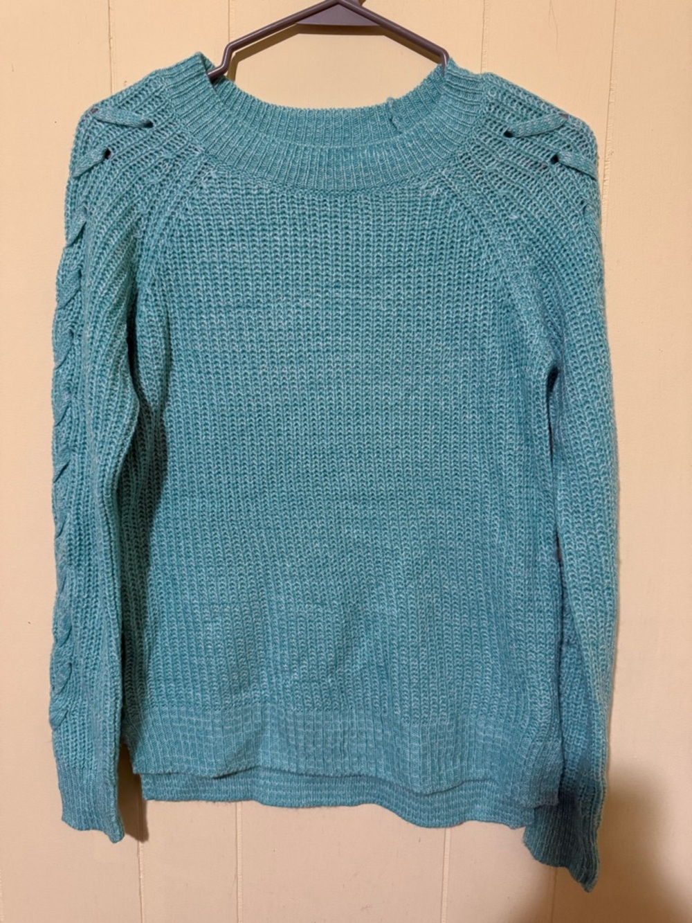 Women's Aqua Cable Sleeve Knit Sweater